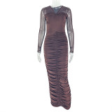 Women's Chic Solid V-Neck Long Sleeve Bodycon Dress