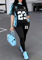 Women's Casual Fashion Printed Short Sleeve Top & Tight-Fit Pants Set