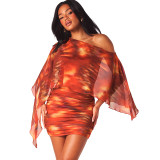 Women's Fashion Printed Asymmetrical One-Shoulder Pleated Bodycon Dress