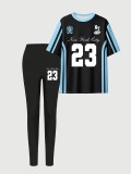 Women's Casual Fashion Printed Short Sleeve Top & Tight-Fit Pants Set