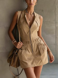 Women's Casual Sleeveless Cargo Pocket Zip Elastic Waist Mini Dress