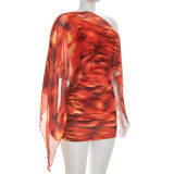 Women's Fashion Printed Asymmetrical One-Shoulder Pleated Bodycon Dress