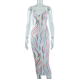 Women's Striped Print Strap Sleeveless High-Waist Bodycon Mini Dress