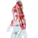 Spring Women's Fashion Printed U-Neck Lantern Sleeve Crop Top