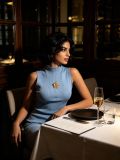Summer Women's Sexy Mock Neck Metal Flower Decor Slim Waist Slim Fit Top