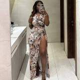 Women's Fashion Sexy Low Back Ruched Asymmetrical Halter Neck Printed Dress