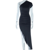 Women's Sexy Slash Shoulder Short Sleeve Pleated Asymmetrical Maxi Dress