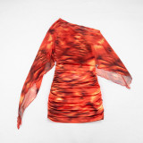 Women's Fashion Printed Asymmetrical One-Shoulder Pleated Bodycon Dress