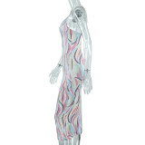 Women's Striped Print Strap Sleeveless High-Waist Bodycon Mini Dress