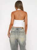 Summer Women's Low Back Lace-Up Bow Halter Neck Crop Camisole Top
