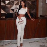 Women's Fashion Slash Shoulder Crop Top & High-Waist Pants Two-Piece Set