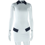 Women's Chic Black & White Colorblock Short Sleeve Turndown Collar Pocket Bodycon Dress