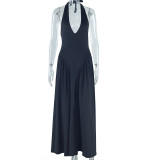 Summer Women's Sexy Halter Neck Solid Sleeveless Chic A-line Dress