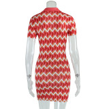 Women's Fashion Turndown Collar Button Short Sleeve Printed V-Neck Bodycon Mini Dress