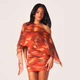 Women's Fashion Printed Asymmetrical One-Shoulder Pleated Bodycon Dress