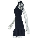 Women's Solid Slim Waist A-Line Round Neck Cutout Mini Dress
