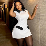 Women's Chic Black & White Colorblock Short Sleeve Turndown Collar Pocket Bodycon Dress