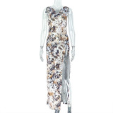 Women's Fashion Sexy Low Back Ruched Asymmetrical Halter Neck Printed Dress