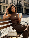 Summer Women's Sexy Mock Neck Metal Flower Decor Slim Waist Slim Fit Top