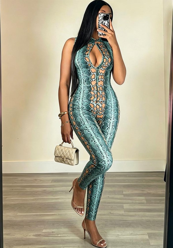 Women Snake Print Sleeveless Hollow Out Jumpsuit