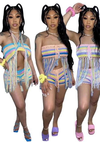 Women Colorful Crochet Knitting Fringe Shorts Two-Piece Set