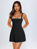 Women French Style Lace Trim Color Block Spaghetti Strap Dress