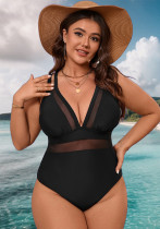 Women Plus Size Solid Black Mesh Patchwork Cross Back Slim Fit One-Piece Swimsuit