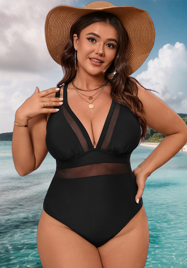 Women Plus Size Solid Black Mesh Patchwork Cross Back Slim Fit One-Piece Swimsuit