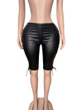 Women Sexy Cross-Back Low-Rise Mid Rise Sexy Cross Lace-Up Pu-Leather Pants