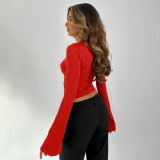 Summer Women Solid Lace Patchwork Slim Fitted Low Neck Long Sleeve Flare Top
