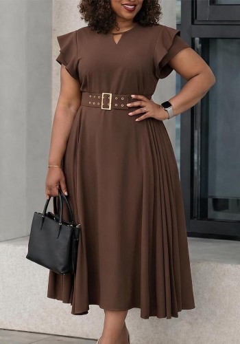Summer Women Ruffled Short Sleeve Solid High Waist Pleated Maxi Dress