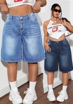 Summer Women Plus Size Denim Mid-Rise Loose Washed Wide Leg Knee-Length Shorts