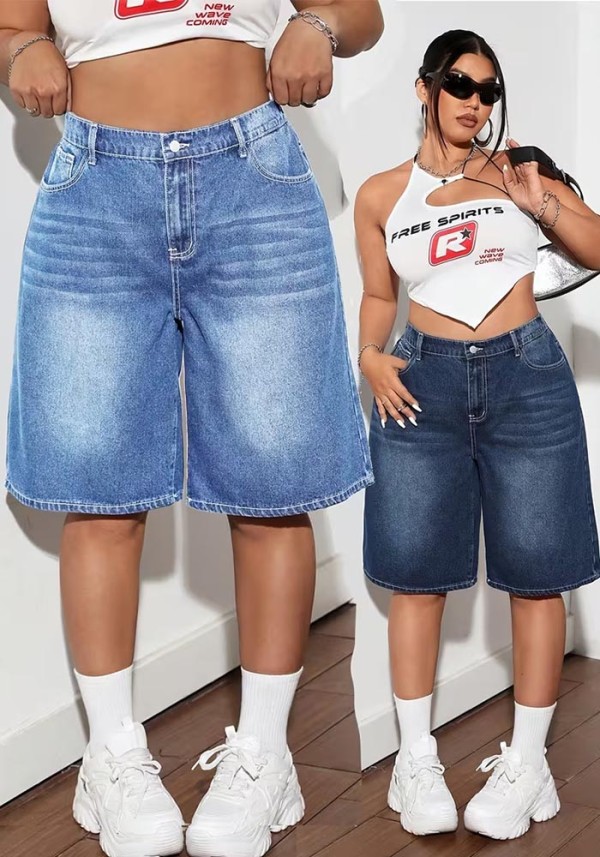 Summer Women Plus Size Denim Mid-Rise Loose Washed Wide Leg Knee-Length Shorts