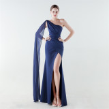 Plus Size Women Satin Chiffon One Shoulder Draped Mermaid Slit Evening Dress