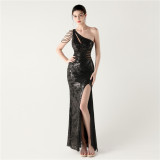 Plus Size Women One Shoulder Hollow Out Mermaid Slit Beaded Formal Party Sequin Evening Dress