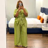 Women African Chic Turndown Collar Zip Lace-Up Slim Waist Solid Shirt & Pants Two-Piece Set