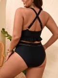 Women Plus Size Solid Black Sexy Slim Fit Low Back High Waist Two-Piece Swimsuit