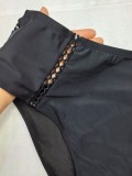 Women Plus Size Solid Black Sexy Slim Fit Low Back High Waist Two-Piece Swimsuit