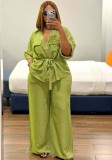 Women African Chic Turndown Collar Zip Lace-Up Slim Waist Solid Shirt & Pants Two-Piece Set