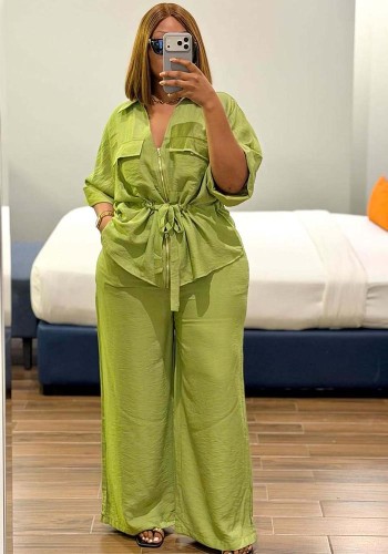 Women African Chic Turndown Collar Zip Lace-Up Slim Waist Solid Shirt & Pants Two-Piece Set