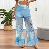 Summer Women Blue Painting Printed Mesh Bell Bottom High Waist See-Through Wide Leg Pants