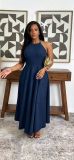 Women Plus Size Denim Halter Neck Slim Waist Swing Maxi Dress