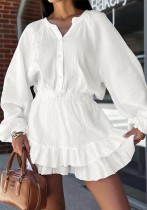 Women White Long Sleeve Slim Waist Ruffled Tiered Mini Dress