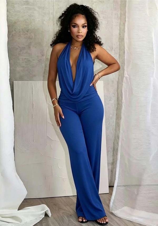 Women Sexy Mesh Halter Neck Cowl Neck Low Back Solid Two-Piece Pants Set