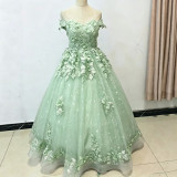 Women Luxury Embroidery Tulle Puffy Off Shoulder Party Evening Dress（Processing time need 3-6 days）