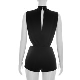 Spring & Summer Women Button Sleeveless Solid Gathered Bodycon Three-Point Jumpsuit