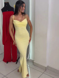 Summer Women Sexy Low Back Tie Split Ruched Evening Dress