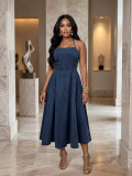 Women Plus Size Denim Halter Neck Slim Waist Swing Maxi Dress