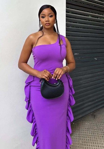 Women Sexy One Shoulder Solid Ruffled Long Dress African Chic Bodycon Dress