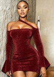 Women Sexy Slim Fitted Off Shoulder Bell Sleeve Bodycon Dress